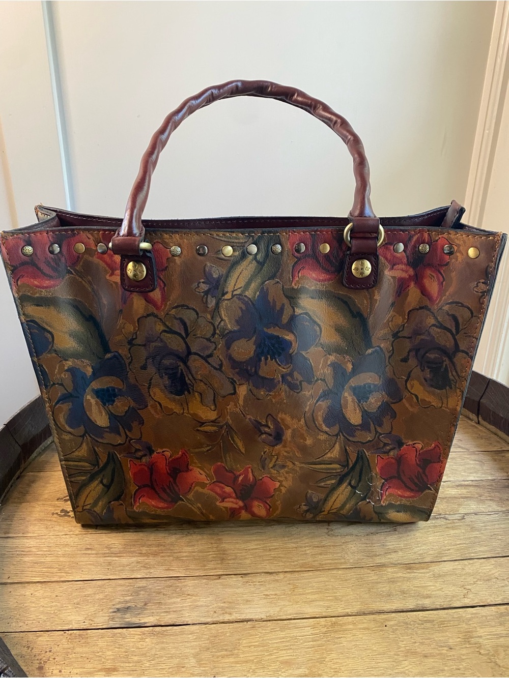 Patricia Nash Brown Sienna Sunset Floral Leather Tote with Multicolor Flowers